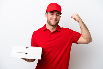 Pizza delivery caucasian man with work uniform picking up pizza boxes isolated on white background...