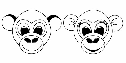 set monkey black line funny cartoon.  face Monkey, girl and boy monkey black and white outline for coloring book.