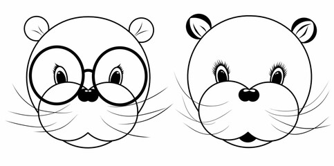 Set girl and boy face otter. Decorative background with cute otter head. Line drawing. Black and white illustration. Vector.