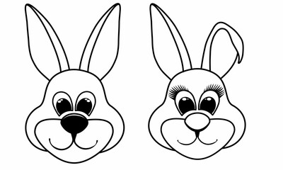 Obraz premium Set girl and boy face rabbit. Bunny line icon. Vector outline illustration of easter rabbit. Black color thin linear sign for little happy holiday hare.