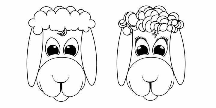 set girl and boy fsce funny lamb for kids. Activity colorless picture about cute animals. Anti-stress page for child. Black and white vector illustration.