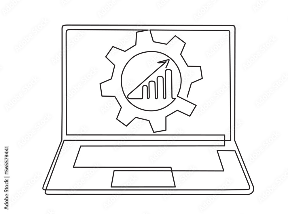 Aufkleber continuous one single line drawing of productivity bar chart inside gear in laptop. seo optimization