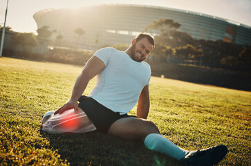 Fitness, leg injury and pain with a sports man stretching outdoor before a workout for health. Exercise, stretching and highlight with a male athlete suffering from inflammation or injured muscle