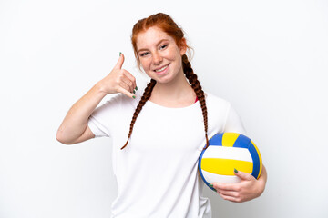 Young caucasian reddish woman playing volleyball isolated on white background making phone gesture....