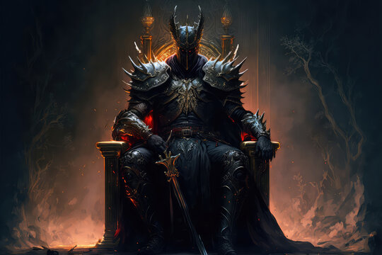 The Dark Lord sits on the throne, the black knight is the king, dark fantasy painting illustration (ai generated)