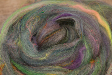Skein of wound up sheep roving fibres handdyed and closeup to the camrea ready for spinning on a spinning wheel.