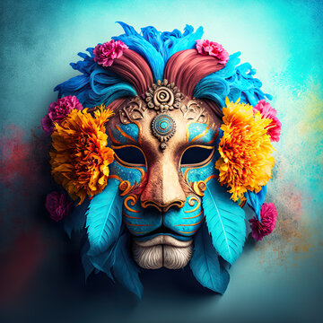 Lion Carnival Mask. A Majestic Blend of Floral, Plumes, and Vibrant Colors