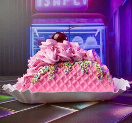 Pastel Pink Ice Cream Taco: A Whipped Cream and Sprinkle-Topped Treat in a Neon-Lit Ice Cream Bar
