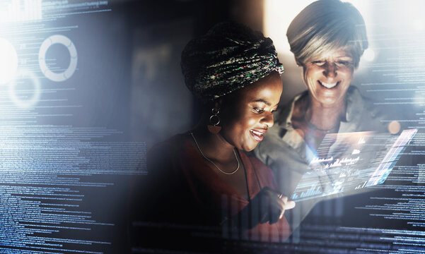 Overlay, fintech or business women on tablet for global finance on crypto, futuristic big data or financial growth. Happy or teamwork for economy stock market analysis or investment charts review - Powered by Adobe