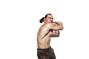 Strong man with naked torso who swings a sledgehammer while isolated on white background - obrazy, fototapety, plakaty