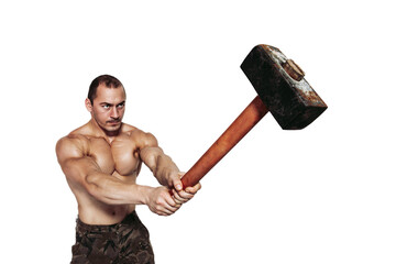 Strong man with naked torso who strikes with a sledgehammer while isolated on white background - obrazy, fototapety, plakaty