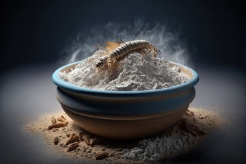 bowl with flour and insects or mealworms