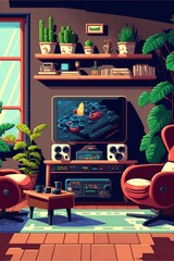 cartoon illustration, home game room, generative AI