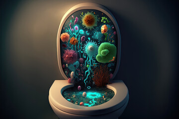 illustration of a dirty toilet with mircoorganism and bacteria, Evolutionary microbiology