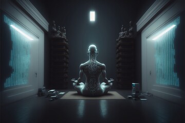 Humanoid machine meditating in a zen computer room - obrazy, fototapety, plakaty