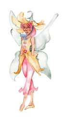 Watercolor cartoon fairy with magic wings. Watercolor hand draw fairy tale illustration. Illustartion with white isolated background. Perfect for greeting card, poster, wedding invitation, party decor