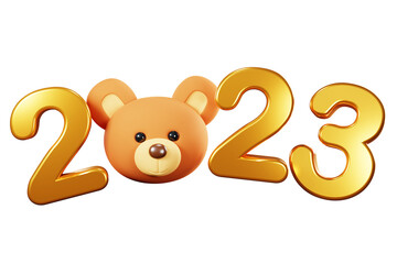 3d render of golden 2023 text and teddy bear