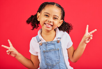 Happy, peace sign and portrait of girl smile on red background with trendy, stylish and cute summer outfit. Kids fashion, freedom and face of child with emoji, comic and meme hand gesture in studio