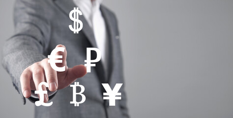 Man showing currency symbols. Business. Finance