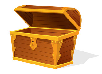 Chest. Empty old wooden chest for gold treasure. Cartoon ancient container for pirates isolated icon on white. Game wooden antique box for treasure
