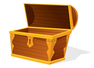 Chest. Empty old wooden chest for gold treasure. Cartoon ancient container for pirates isolated icon on white. Game wooden antique box for treasure