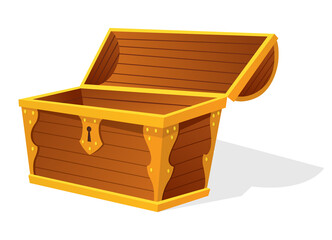 Chest. Empty old wooden chest for gold treasure. Cartoon ancient container for pirates isolated icon on white. Game wooden antique box for treasure