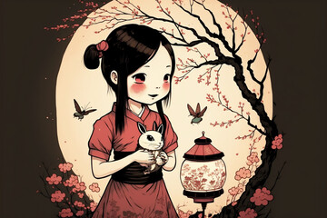 Chinese new year girl holding rabbit in front of a tree and blossoms, AI Illustration