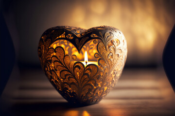 Romantic luxury gold valentines heart shaped candles on bokeh lights background, Generate AI