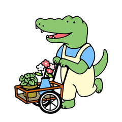 Cute crocodile cartoon character pushing a flower cart, back to school concept. isolated on white background, vector illustration.