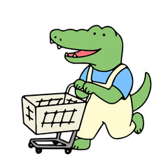 Cute crocodile cartoon character pushing a shopping cart, back to school concept. isolated on white background, vector illustration.
