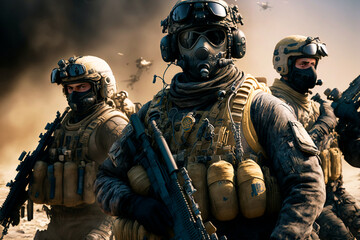 Special forces military unit in full tactical gear,
Wartime, Battlefield concept. generative ai
