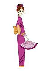 Japanese girl standing in kimono. Women in traditional style costume. Full length portrait of typical Japanese geish