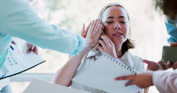 Business woman, multitasking and chaos with stress, paperwork and phone call with time management fail. Challenge, documents and corporate burnout zoom, laptop and communication, work balance problem