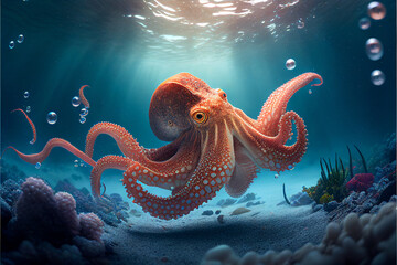 Big octopus underwater. AI generated.