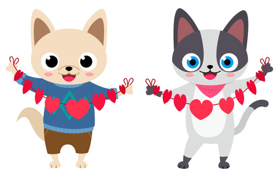 A friendly cat and dog are holding heart decorations