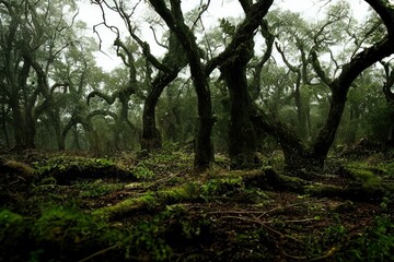 Naklejka premium Forest autumn fairy tale old forest twilight abstraction, Generation AI