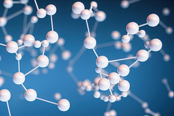 Obraz premium Atoms molecules bonds abstraction bubbles azure blue background, Generative AI