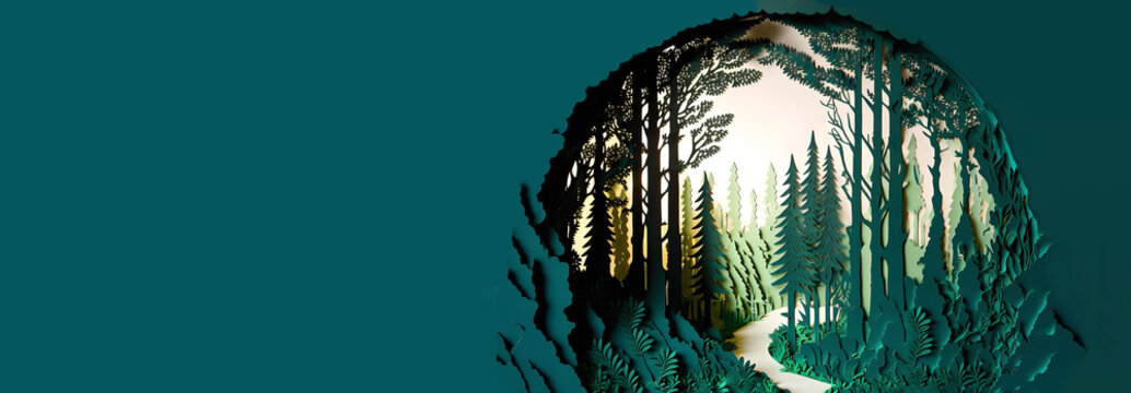 Green Cutout Deep Forest Papercut Banner. Ecology Tree Ornament. Generative AI.