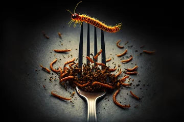 Foto op Plexiglas Fried edible insects on the fork. Mealworms as snack, good source of protein. Entomophagy, insectivory concept. Close up view. Generative AI. © Kassiopeia 