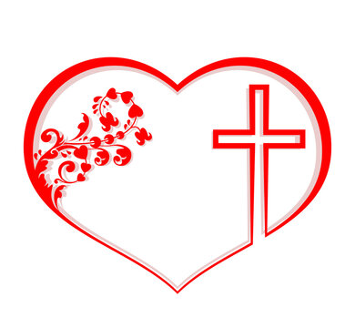 Silhouette of a red heart with a cross and an ornament.