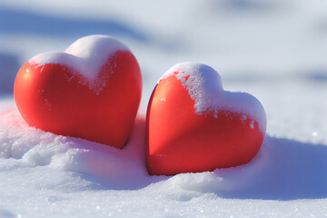 Fototapeta premium Two tiny red hearts nestled together on a snowy surface dotted with snowflakes. Valentine Background