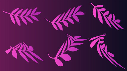 Fototapeta na wymiar Set of branch purple gradient of a plant with leaves and a silhouette of a bird for a beauty salon
