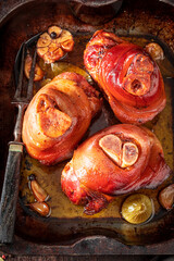 Homemade pork knuckle made of spices and meat.