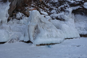 An ice figure of a mammoth with large tusks