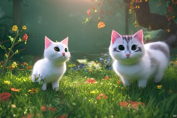 two adorable white fluffy cute baby cats in the forest