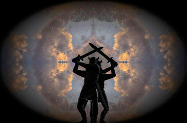 Two Vikings with swords, fighting back to back in front of gigantic Eye of the Universe, fantasy epic theme, Old Norse Gods - obrazy, fototapety, plakaty