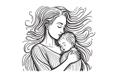 Mother with a child in continuous line art drawing style. Woman hugging her baby. Happy motherhood concept. PNG image with transparent background. Generative ai