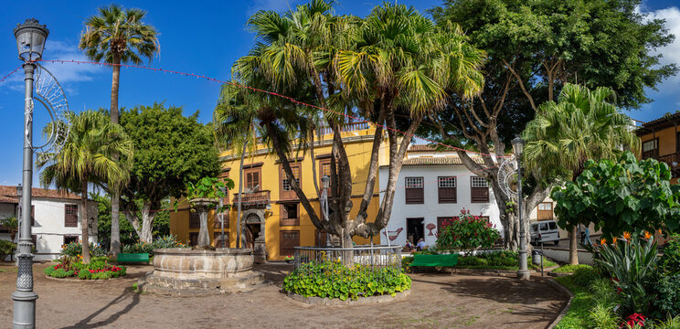 Urlaub auf Teneriffa auf den Kanarischen Inseln: Sightseeing - Das sch&ouml;ne Dorf Icod de Los Vinos im Nordwesten, Alter Dorfplatz mit B&auml;umen und Gastst&auml;tte