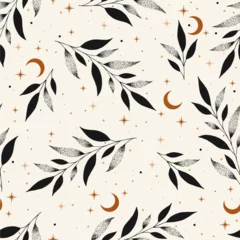 Fototapeten Magic seamless vector pattern with plants, stars, crescent. Boho pattern for astrology, textiles, wrapping paper, design. © Любовь Овсянникова