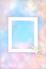 Rainbow sky cloud summer background with starfish sea shell on white frame. Abstract minimal pastel coloured border design. Holiday vacation travel themed nature concept.